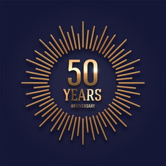 Fototapeta premium 50 years Anniversary golden logo with realistic 3d gold metal sunburst rays. Vector illustration.