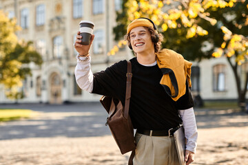 Stylish young man enjoying a coffee in a vibrant campus setting during a sunny day