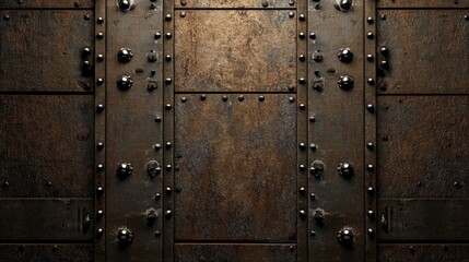 A layered brown industrial wall with metal rivets and structured depth.