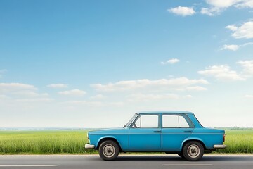Vintage Blue Car on Scenic Country Road