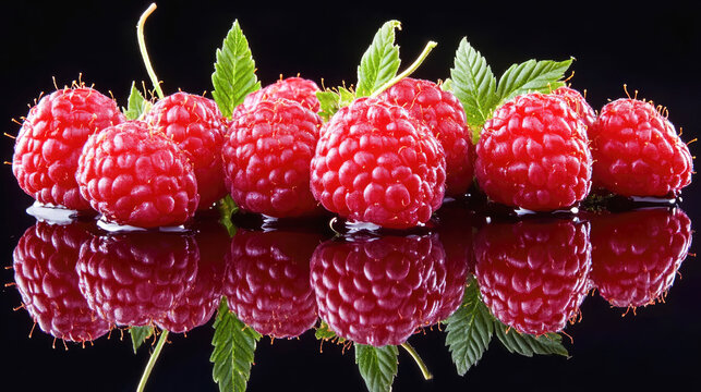 Fresh ripe raspberries with leaves on glossy black surface