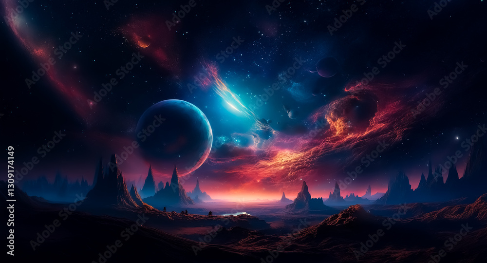 Poster Abstract background of a celestial landscape with a planet and nebulae, creating a cosmic and dreamy atmosphere.