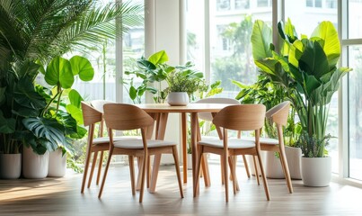 Fototapeta premium Bright modern dining area with natural wood furniture, vibrant plants, and sunlight streaming through large windows for a fresh and inviting design