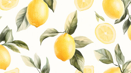 Bright yellow lemons and green leaves pattern on white background