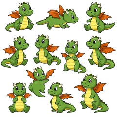 Obraz premium Cute cartoon dragon character with different poses. Set of dragons isolated on white background.