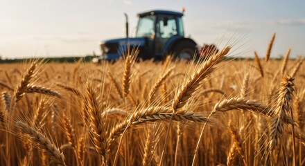 Golden wheat field with blue tractor in background. Rural farming landscape. Agricultural harvest season concept. Ripe cereal crop ready for harvesting. Autumn farm scenery.