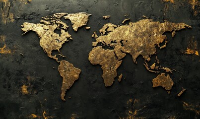 Burnt metallic world map on a dark textured surface, glowing with golden highlights creating a dynamic and bold global representation