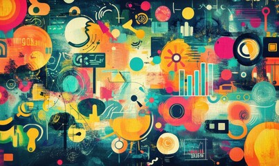 Colorful abstract art with shapes, patterns, and various textures present.