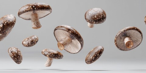 Obraz premium Floating shiitake mushrooms with dark brown caps on a soft gray background