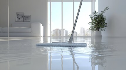 A clean mop styled on a smooth white floor with subtle water marks. pic