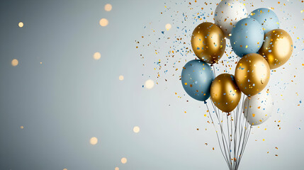 Festive Balloon Bouquet with Gold Blue and White Balloons and Confetti on White Background