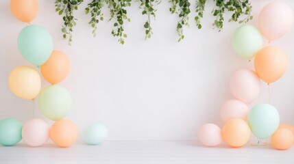Fototapeta premium Pastel balloons adorning white wall, green vines hanging, creating festive backdrop over clean wooden floor, perfect for celebration scene