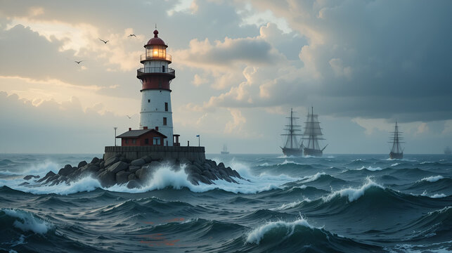 A dramatic lighthouse guiding ships through turbulent seas.
