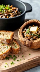 Velvety forest mushroom paste with butter served in a walnut shell alongside rustic whole-grain toast slices