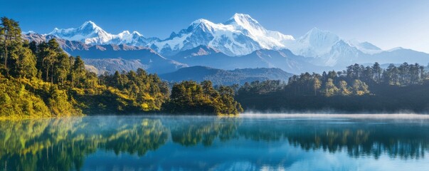 Tranquil turquoise mountain lake surrounded by dense evergreen forest. majestic snowcapped peaks tower in background, reflecting peacefully in calm waters below