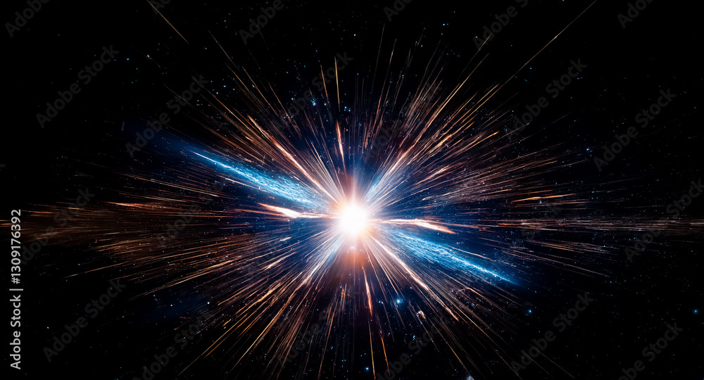 Aufkleber A vibrant abstract background featuring a burst of light emanating outwards.  Radiating streaks of blue and orange energy create a dynamic and cosmic effect against the dark backdrop.