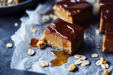 Delicious peanut butter oat bars with a honey glaze on crumpled parchment paper