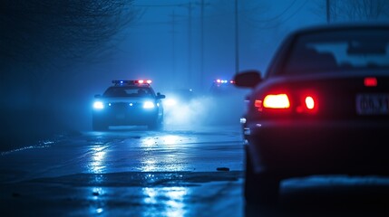 Police cars driving down dark street. Police chasing cars at night. A police officer rushes a scene of a crime. Law enforcement vehicles cruising along a dimly lit road lifestyle.