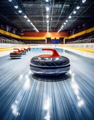 Obraz premium Curling stones glide on a slick ice surface in a well-lit indoor arena during a competition
