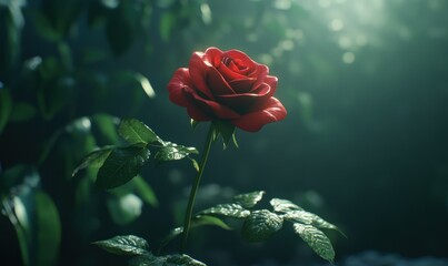 Close-up of a single red rose in full bloom illuminated by soft natural light emphasizing its delicate petals and deep vibrant color