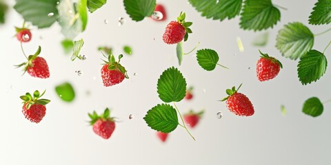 Floating small, rounded strawberry leaves on a soft white background