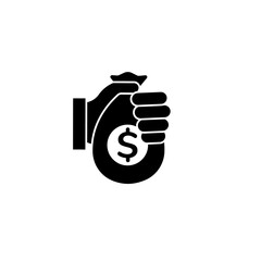 A black and white icon of a hand holding a money bag. symbolizes financial success or wealth.