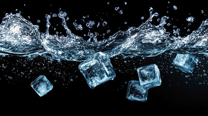 Dynamic splash of ice cubes in mid-air against black background