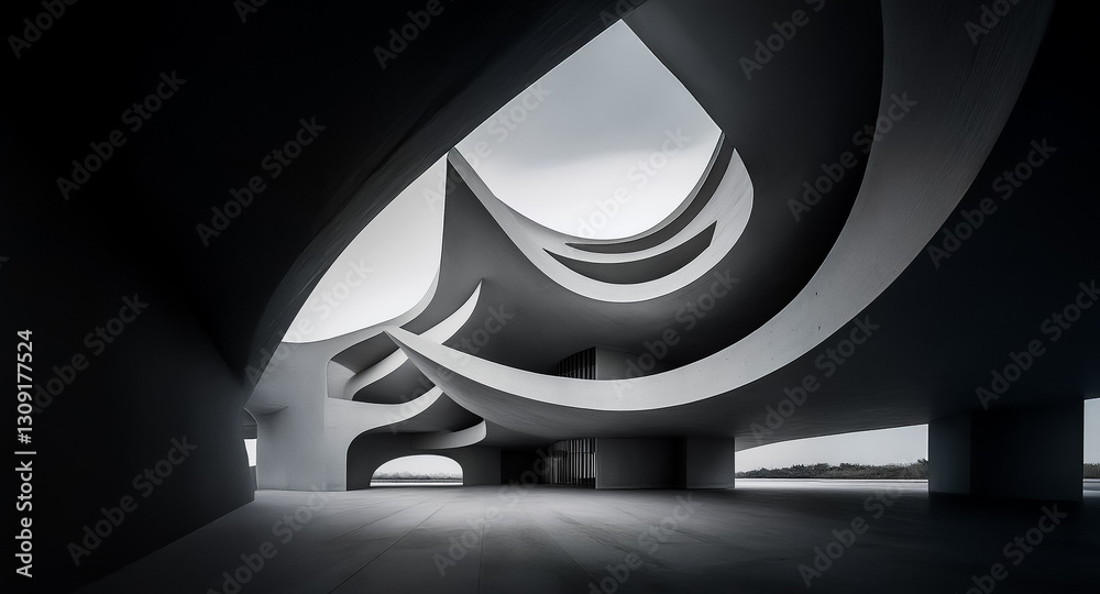 Aufkleber abstract architecture featuring curved lines against a dark background. moody and dramatic, the buil