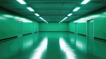 Obraz premium A polished green metallic workshop background with structured lighting and bold industrial patterns.