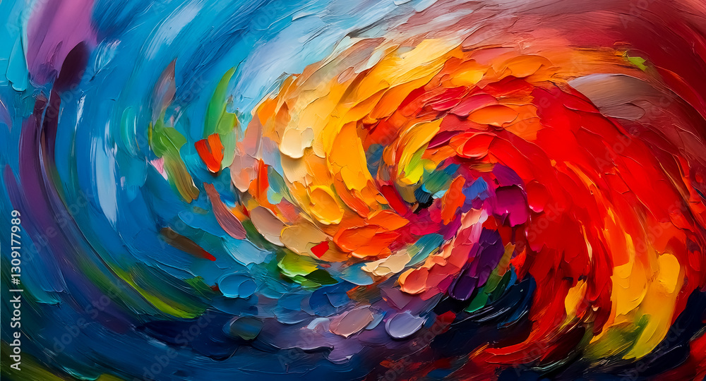 Poster Vibrant abstract background featuring a swirling vortex of colors.  Bold brushstrokes create a dynamic, painterly texture with hues of blue, orange, red, yellow, and purple blending in a circular moti