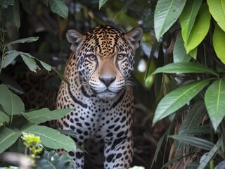 Naklejka premium A striking jaguar peers through lush green foliage, showcasing its vibrant coat and intense gaze.