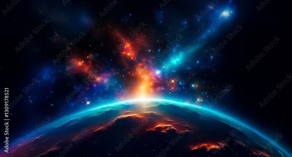 Poster Abstract background showcasing a vibrant cosmic scene. A bright celestial light illuminates a planet against a backdrop of nebulae and stars in deep space.
