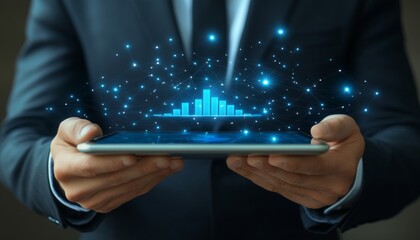 Businessman Holding Tablet, Futuristic Data Visualization With A Rising Graph, Technology Concept