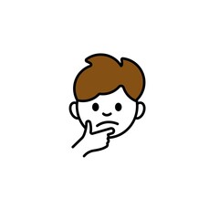A cartoon boy is thinking with his hand on his chin, showing an expression of curiosity and focus.