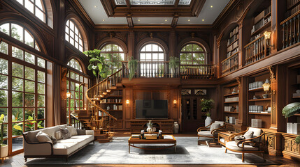 Interior of living room with television and wooden furniture