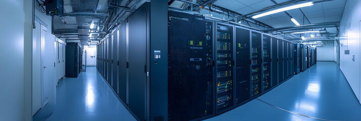 multiple rows of servers and network equipment bathed in light in a large scale data center wide banner - blue background