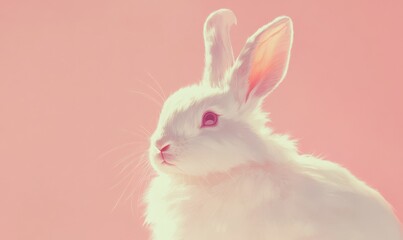 Obraz premium Fluffy white rabbit with a soft pink background, its fur illuminated softly to create an endearing and whimsical portrait
