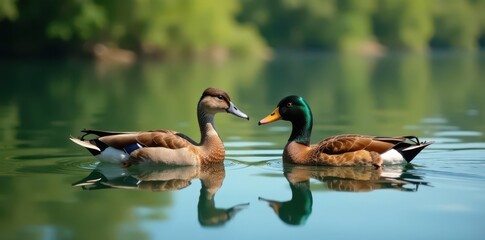 Fototapeta premium Calm lake, brown & black ducks gliding peacefully , birds, fauna, black