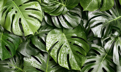 Lush Tropical Green Leaves with Raindrops: A Stunning Background for Nature Lovers and Design Enthusiasts