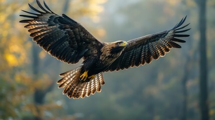 Obraz premium Majestic eagle soaring, wings spread wide, autumn backdrop