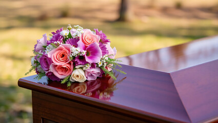 Solemn Pink and Purple Funeral Bouquet on Dark Wood
