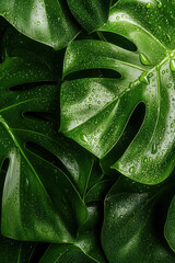 Explore the Beauty of Tropical Leaves with Dew Drops: A Refreshing Natural Close-Up of Lush Greenery and Perfect Patterns