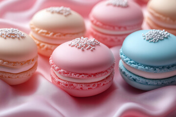 Obraz premium Colorful macarons with delicate toppings arranged on a soft pink fabric