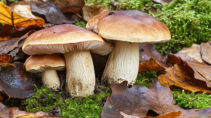 Fototapeta premium Close-up of forest mushrooms among fallen leaves and moss