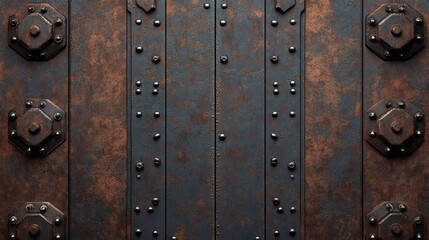 A structured brown industrial backdrop with geometric metal elements and deep grooves.