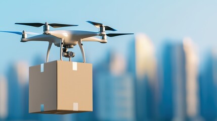 Fototapeta premium Autonomous Drone Delivering Package Over Urban Landscape in Bright City Environment