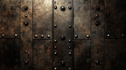 Fototapeta premium A structured brown industrial metal wall with embossed steel textures and rivets.