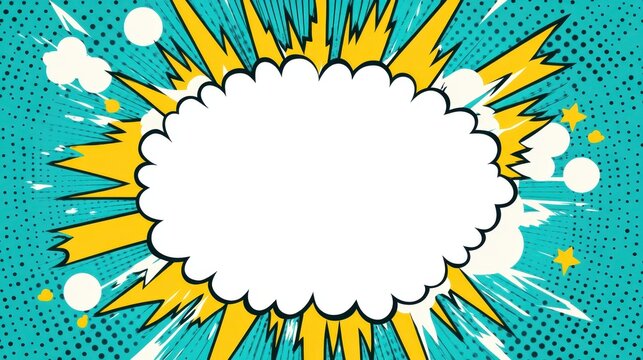 Speech bubble exploding against halftone background, radiating graphic pop art energy with dynamic lines for creative text integration and bold visual messaging