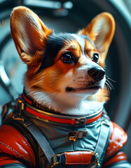 A curious corgi in a spacesuit gazes ahead, ready for a cosmic adventure