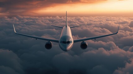 A sleek airplane flying above fluffy clouds at sunset, showcasing the beauty of air travel and the vastness of the sky.